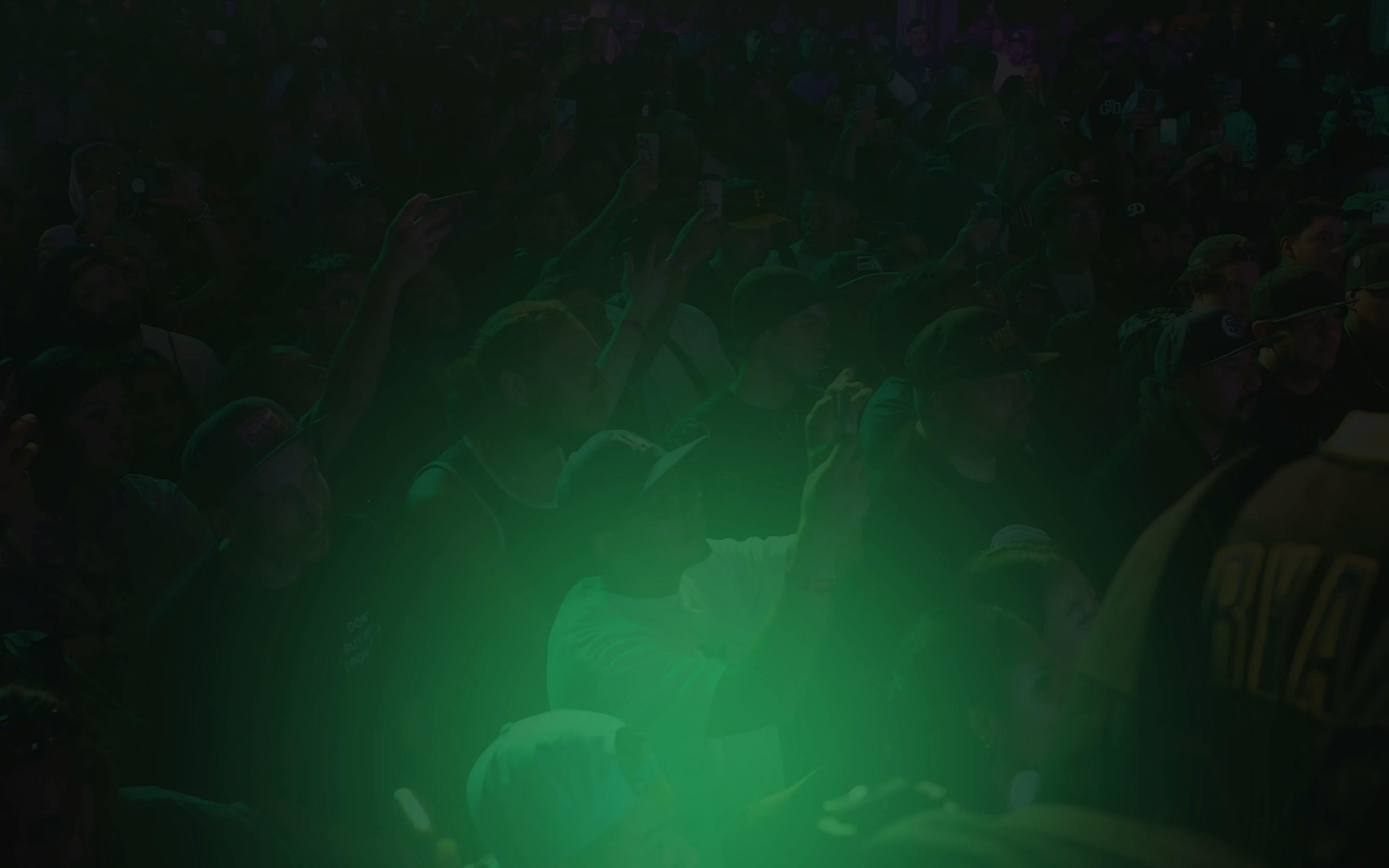 Cannabis leaves silhouette overlaying a crowd of people, symbolizing community engagement in event marketing.
